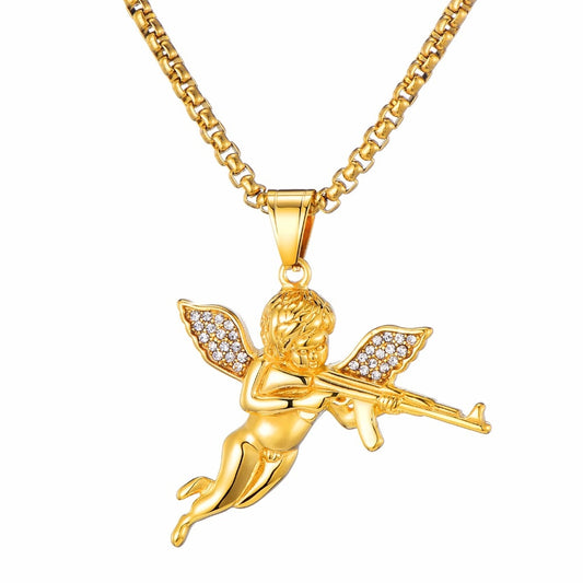 Crystal-Studded Gold-Plated Angel Bling Stainless Steel Hip-Hop Pendant Necklace