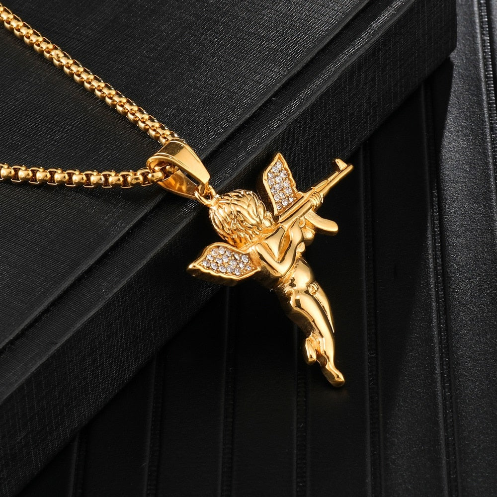 Crystal-Studded Gold-Plated Angel Bling Stainless Steel Hip-Hop Pendant Necklace-Necklaces-Innovato Design-Innovato Design