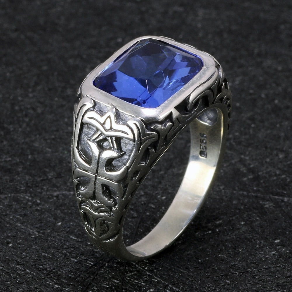 Natural Blue Crystal Stone and Engraved Flower 925 Sterling Silver Vintage Ring-Rings-Innovato Design-7-Innovato Design