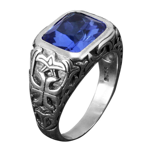 Natural Blue Crystal Stone and Engraved Flower 925 Sterling Silver Vintage Ring-Rings-Innovato Design-7-Innovato Design