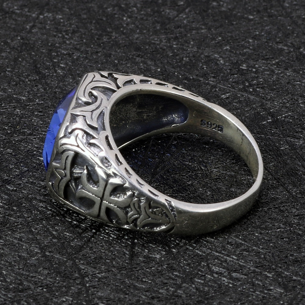 Natural Blue Crystal Stone and Engraved Flower 925 Sterling Silver Vintage Ring-Rings-Innovato Design-7-Innovato Design