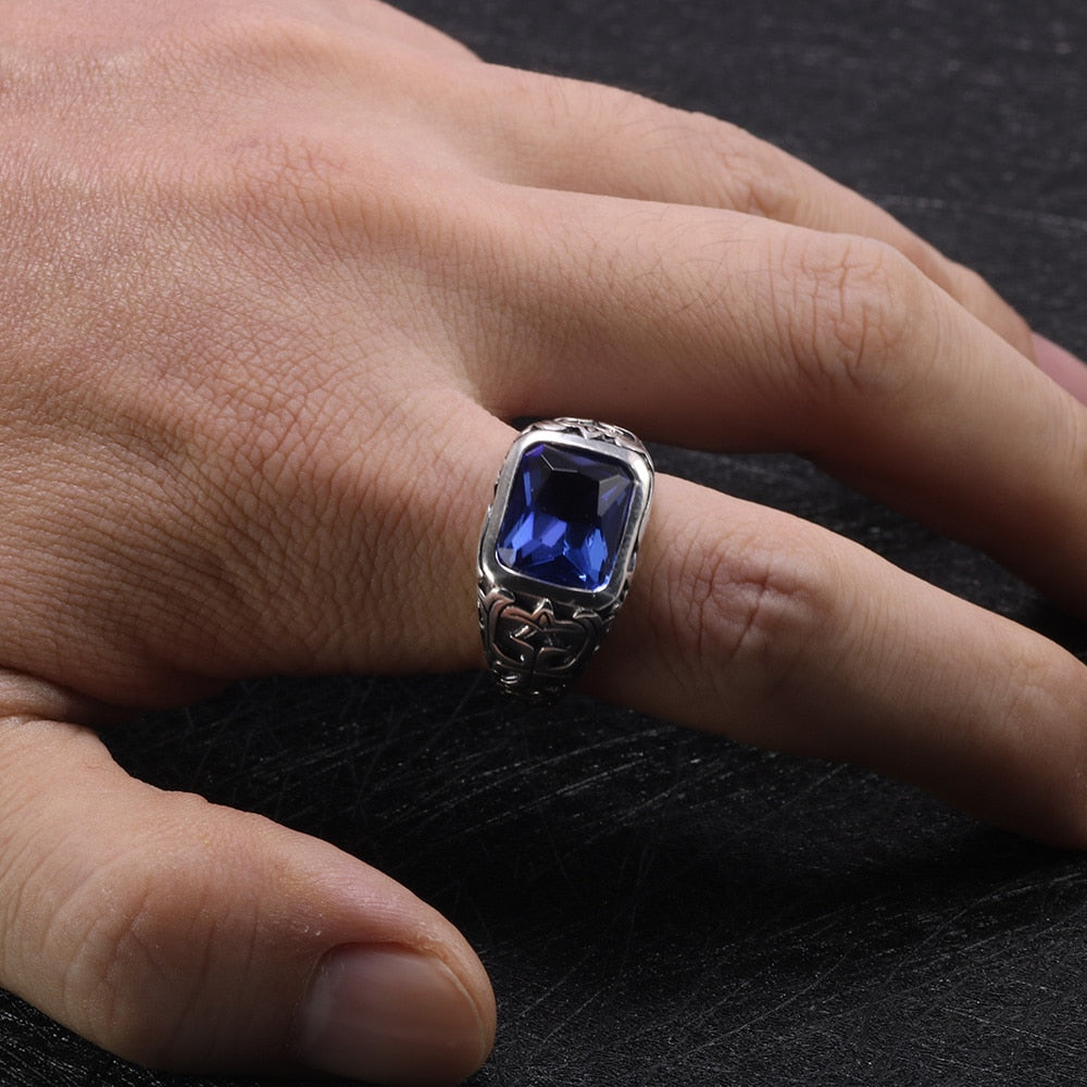 Natural Blue Crystal Stone and Engraved Flower 925 Sterling Silver Vintage Ring-Rings-Innovato Design-7-Innovato Design