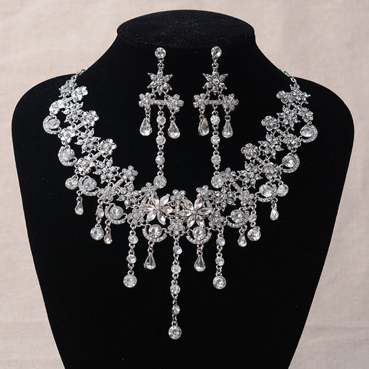 Silver-Plated Crystal Flower and Rhinestone Necklace & Earrings Jewelry Set-Jewelry Sets-Innovato Design-Innovato Design