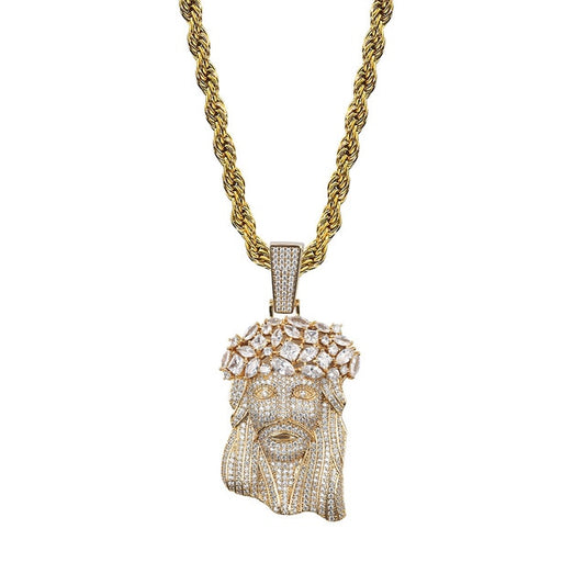 Big Jesus Cubic Zirconia Stainless Steel Hip-Hop Pendant Necklace-Necklace-Innovato Design-Gold-Rope Chain-20inch-Innovato Design