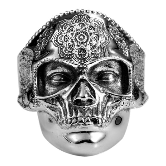 Gothic Lotus Mask Big Skull 925 Sterling Silver Adjustable Vintage Punk Rock Hip-hop Biker Ring