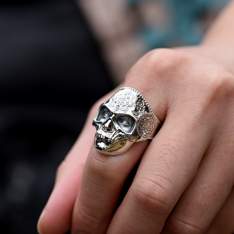 Gothic Lotus Mask Big Skull 925 Sterling Silver Adjustable Vintage Punk Rock Hip-hop Biker Ring-Gothic Rings-Innovato Design-Innovato Design