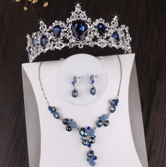 Silver-Plated Blue Crystal Tiara, Necklace & Earrings Wedding Jewelry Set