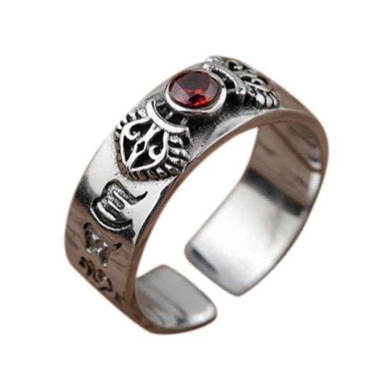 Natural Garnet Stone with Buddhist Six Words Mantra 925 Sterling Silver Vintage Ring-Rings-Innovato Design-Innovato Design
