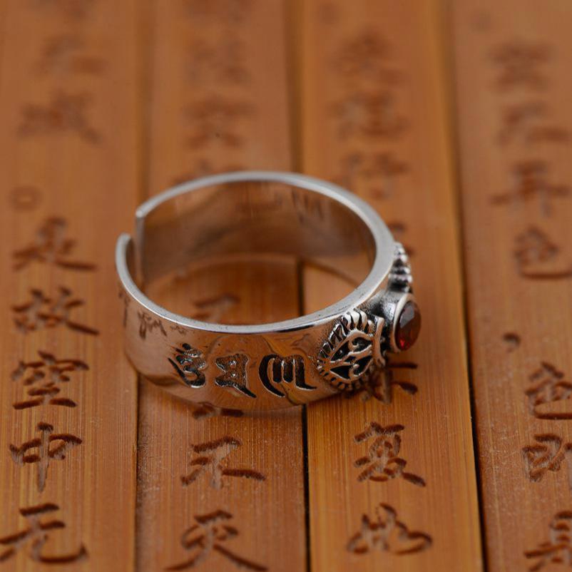 Natural Garnet Stone with Buddhist Six Words Mantra 925 Sterling Silver Vintage Ring-Rings-Innovato Design-Innovato Design