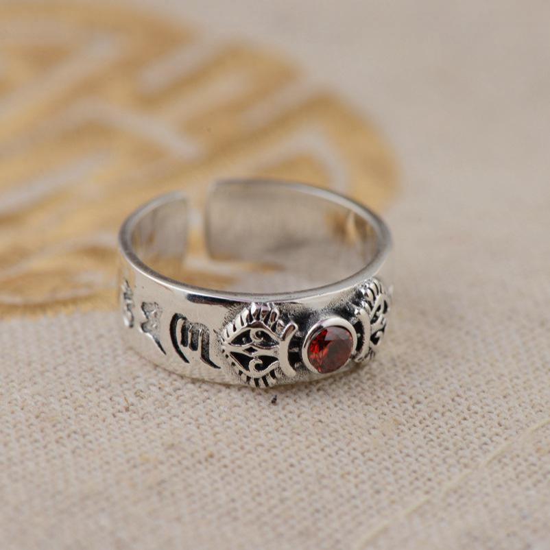 Natural Garnet Stone with Buddhist Six Words Mantra 925 Sterling Silver Vintage Ring-Rings-Innovato Design-Innovato Design