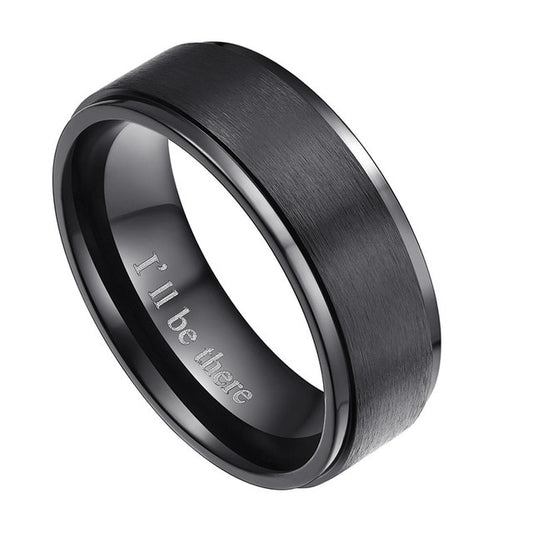 8mm Brushed Surface with Polished Grooved Edges Titanium "I'll Be There" Wedding Band-Rings-Innovato Design-Black-4-Innovato Design
