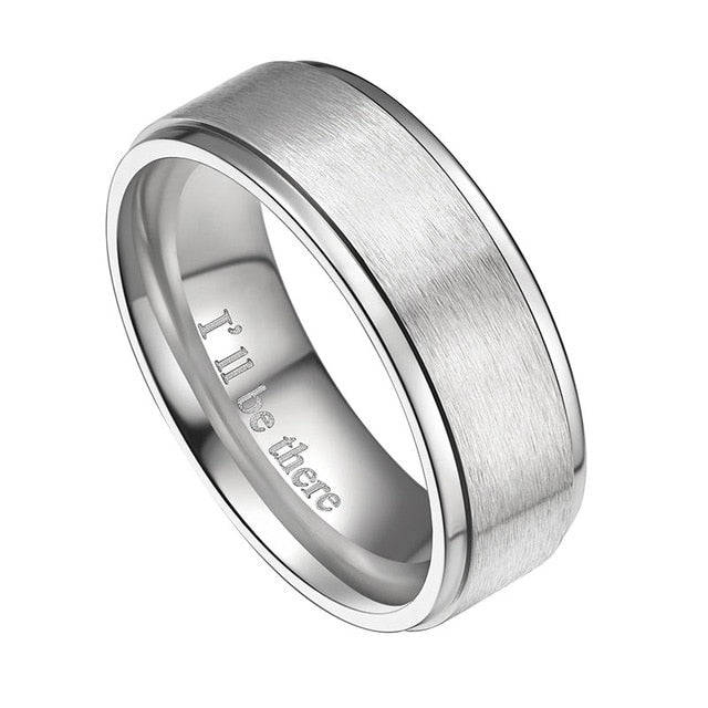 8mm Brushed Surface with Polished Grooved Edges Titanium "I'll Be There" Wedding Band-Rings-Innovato Design-Silver-4-Innovato Design