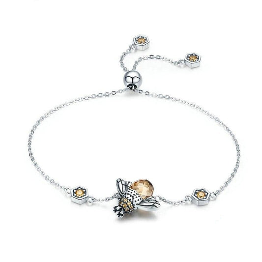 Honey Bee Crystal and Chain Link 925 Sterling Silver Fashion Bracelet-Bracelets-Innovato Design-Innovato Design