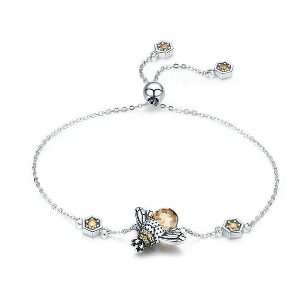 Honey Bee Crystal and Chain Link 925 Sterling Silver Fashion Bracelet