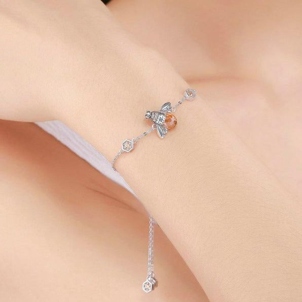 Honey Bee Crystal and Chain Link 925 Sterling Silver Fashion Bracelet-Bracelets-Innovato Design-Innovato Design
