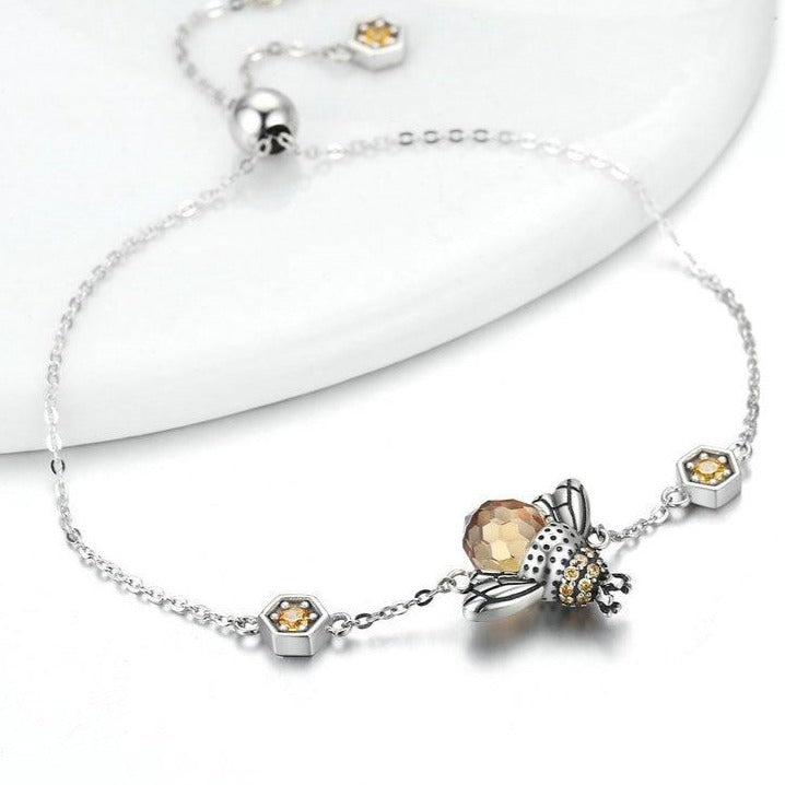 Honey Bee Crystal and Chain Link 925 Sterling Silver Fashion Bracelet-Bracelets-Innovato Design-Innovato Design