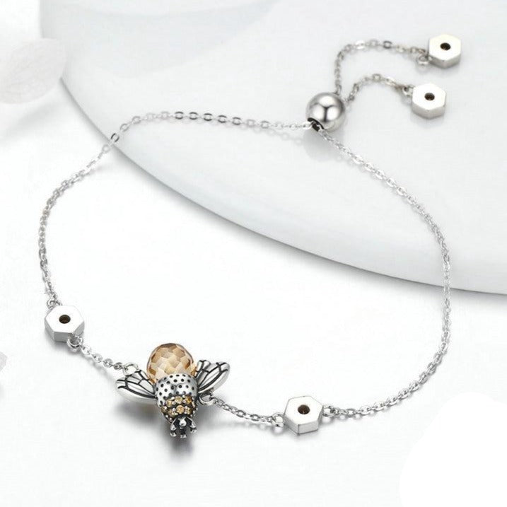 Honey Bee Crystal and Chain Link 925 Sterling Silver Fashion Bracelet-Bracelets-Innovato Design-Innovato Design