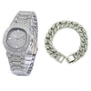 Rhinestone and Cubic Zirconia Studded Cuban Chain Link Necklace, Bracelet, and Watch Jewelry Set