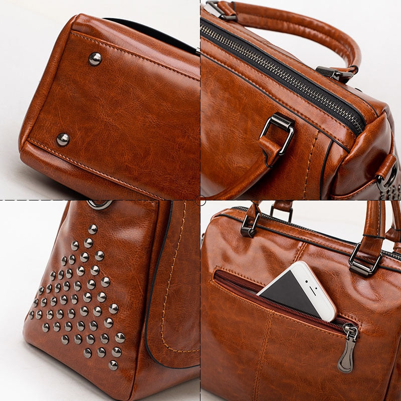 Designer Oil Wax Leather Boston Crossbody Bag, Tote Bag, Shoulder Bag, and Handbag-Handbags-Innovato Design-Wine Red-Innovato Design