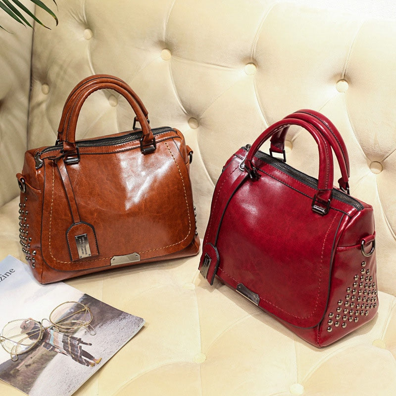 Designer Oil Wax Leather Boston Crossbody Bag, Tote Bag, Shoulder Bag, and Handbag-Handbags-Innovato Design-Wine Red-Innovato Design