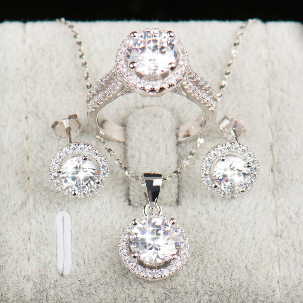 Classic Cubic Zirconia Necklace, Stud Earrings & Ring Wedding Jewelry Set-Jewelry Sets-Innovato Design-Gold-5-Innovato Design
