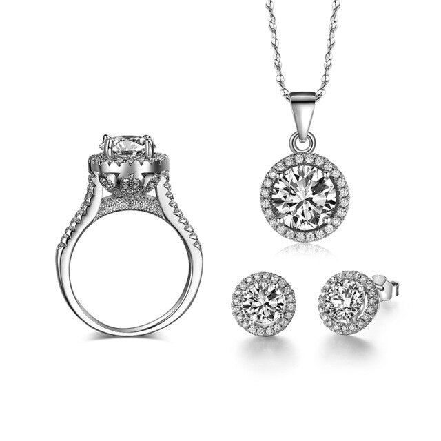 Classic Cubic Zirconia Necklace, Stud Earrings & Ring Wedding Jewelry Set-Jewelry Sets-Innovato Design-Silver-5-Innovato Design