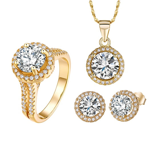 Classic Cubic Zirconia Necklace, Stud Earrings & Ring Wedding Jewelry Set