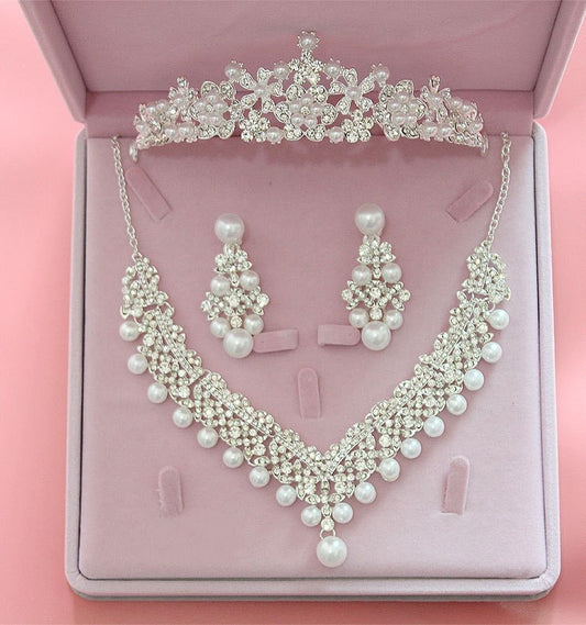 Silver-Plated Flower, Crystal and Pearl Tiara, Necklace & Earrings Wedding Jewelry Set-Jewelry Sets-Innovato Design-Innovato Design