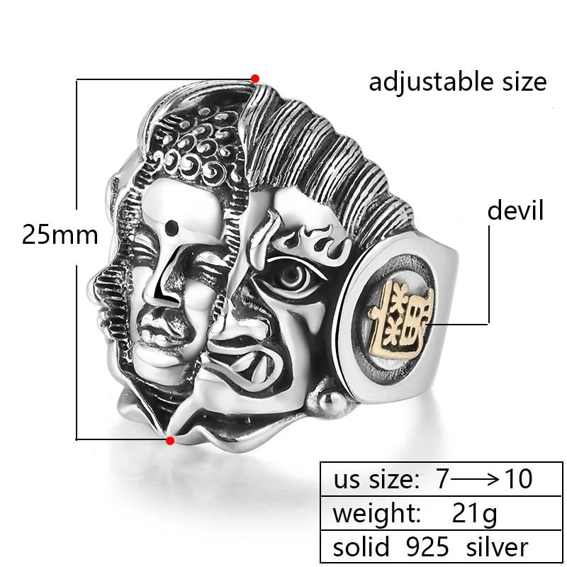 Gothic Buddha and Devil 925 Sterling Silver Adjustable Vintage Biker Ring-Rings-Innovato Design-Innovato Design