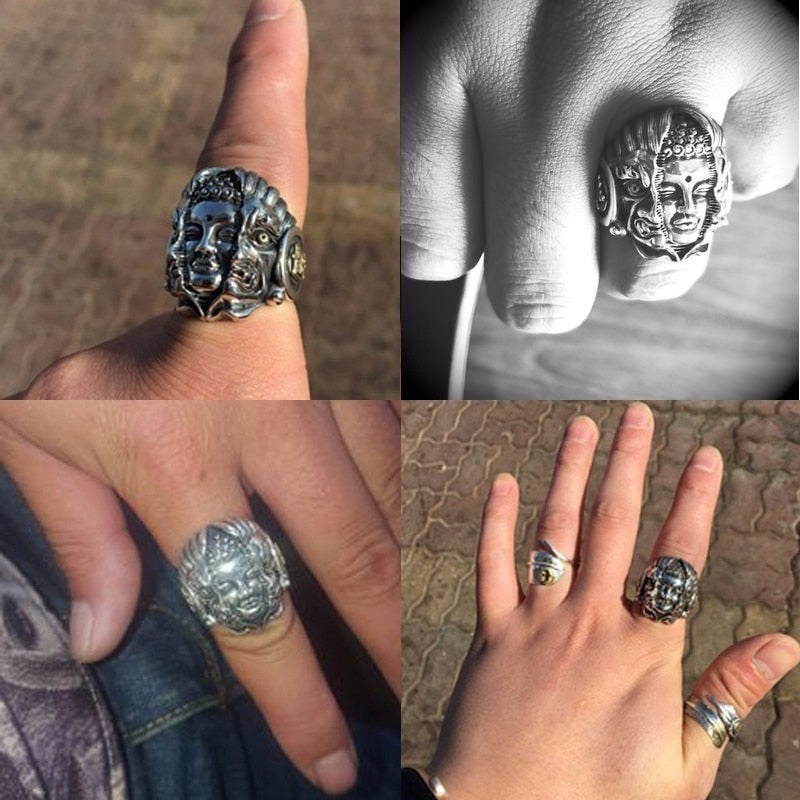 Gothic Buddha and Devil 925 Sterling Silver Adjustable Vintage Biker Ring-Rings-Innovato Design-Innovato Design