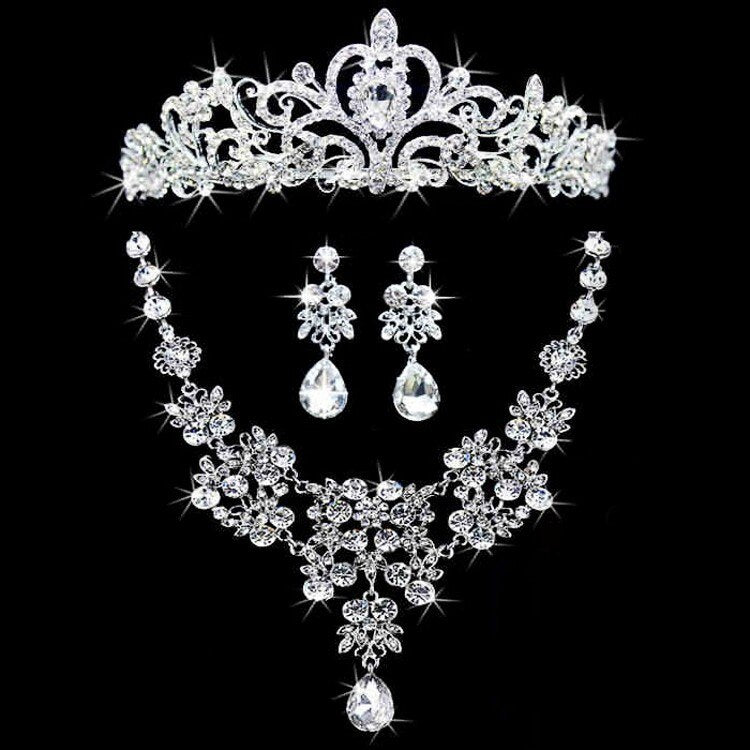 Silver-Plated Crystal Tiara, Necklace & Earrings Wedding Pageant Jewel ...