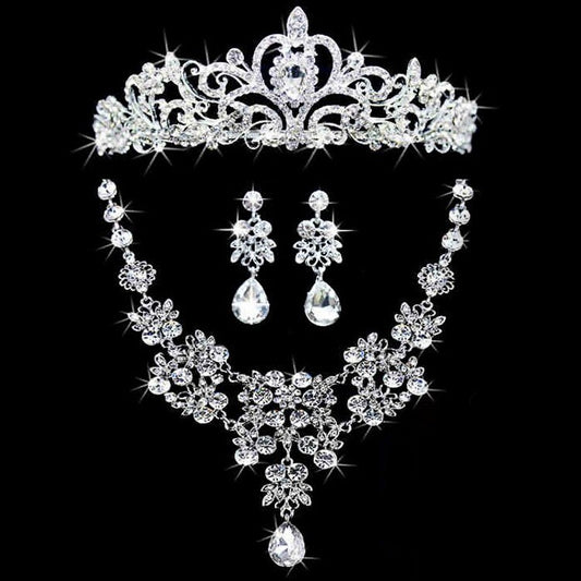 Silver-Plated Crystal Tiara, Necklace & Earrings Wedding Pageant Jewelry Set-Jewelry Sets-Innovato Design-Innovato Design
