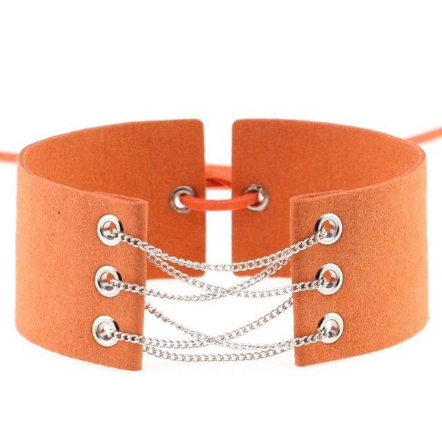 Velvet Leather Choker Necklace with Silver Chain Link and Lace-Up Closure-Necklace-Innovato Design-Orange-Innovato Design