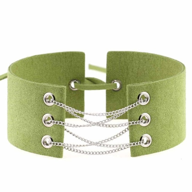 Velvet Leather Choker Necklace with Silver Chain Link and Lace-Up Closure-Necklace-Innovato Design-Green-Innovato Design