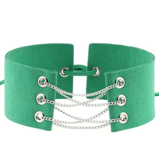 Velvet Leather Choker Necklace with Silver Chain Link and Lace-Up Closure-Necklace-Innovato Design-Dark Green-Innovato Design