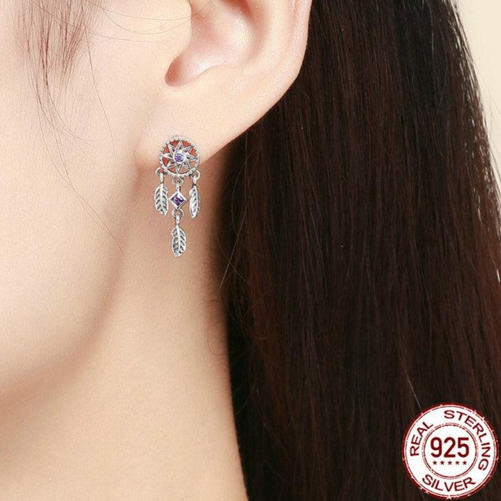 Dream Catcher Purple Cubic Zirconia 925 Sterling Silver Vintage Drop Earrings-Earrings-Innovato Design-Innovato Design