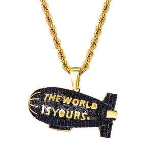 Cubic-Zirconia-Studded Gold-Plated "The World is Yours" Blimp Hip-hop Pendant Necklace-Necklaces-Innovato Design-4mm Tennis-24inch-Innovato Design