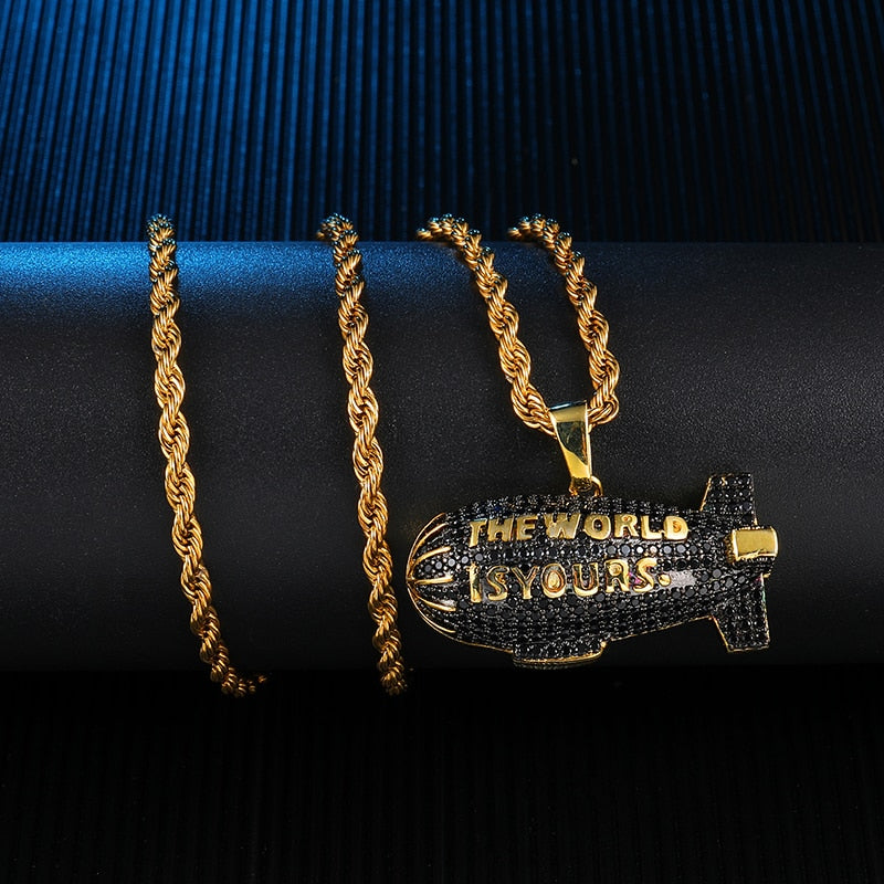 Cubic-Zirconia-Studded Gold-Plated "The World is Yours" Blimp Hip-hop Pendant Necklace-Necklaces-Innovato Design-4mm Tennis-24inch-Innovato Design