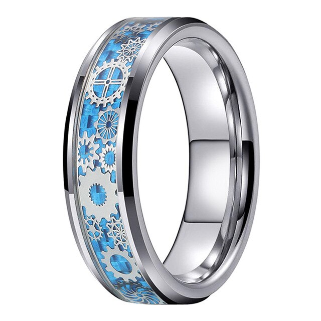 Blue & Silver Carbon Fiber with Gear Inlay Tungsten Matching Wedding Ring Set-Couple Rings-Innovato Design-6-5-Innovato Design