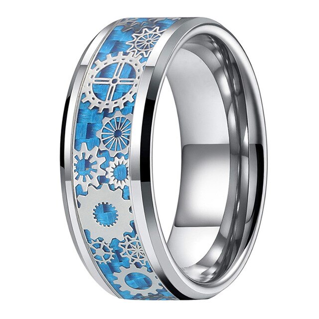 Blue & Silver Carbon Fiber with Gear Inlay Tungsten Matching Wedding Ring Set-Couple Rings-Innovato Design-6-5-Innovato Design