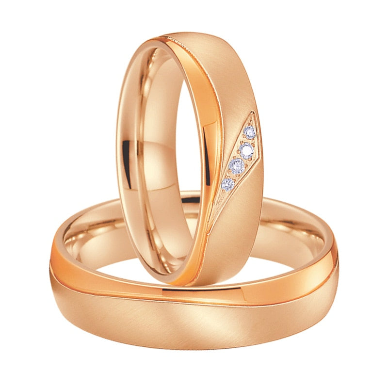 Brushed and Polished Rose Gold Cubic Zirconia Titanium Wedding Ring Set-Couple Rings-Innovato Design-7-5-Innovato Design