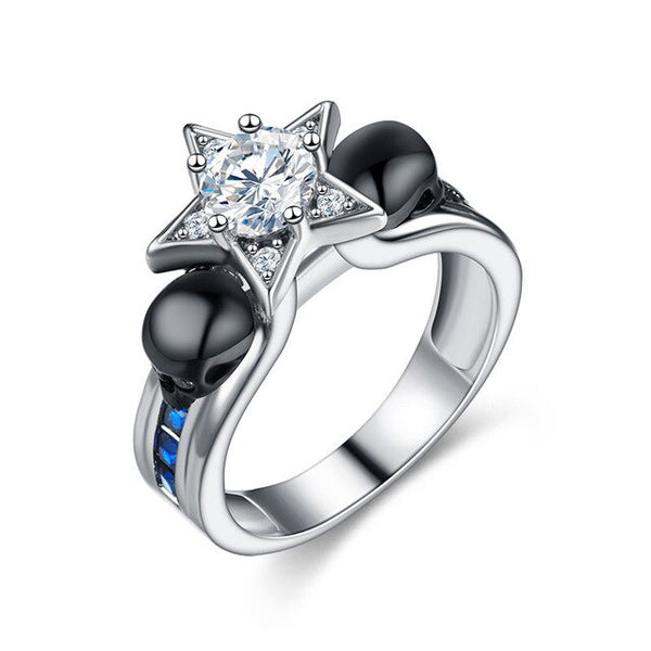 Black Skull and Star Cubic Zirconia Vintage Wedding Ring-Rings-Innovato Design-10-Innovato Design
