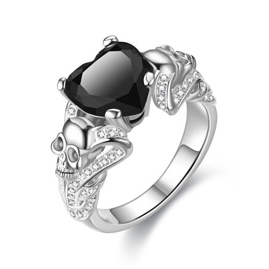 Skull, Cubic Zirconia and Heart Crystal Punk Wedding Ring-Rings-Innovato Design-10-Silver Black-Innovato Design