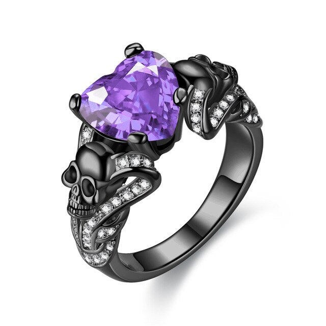 Skull, Cubic Zirconia and Heart Crystal Punk Wedding Ring-Rings-Innovato Design-10-Purple-Innovato Design