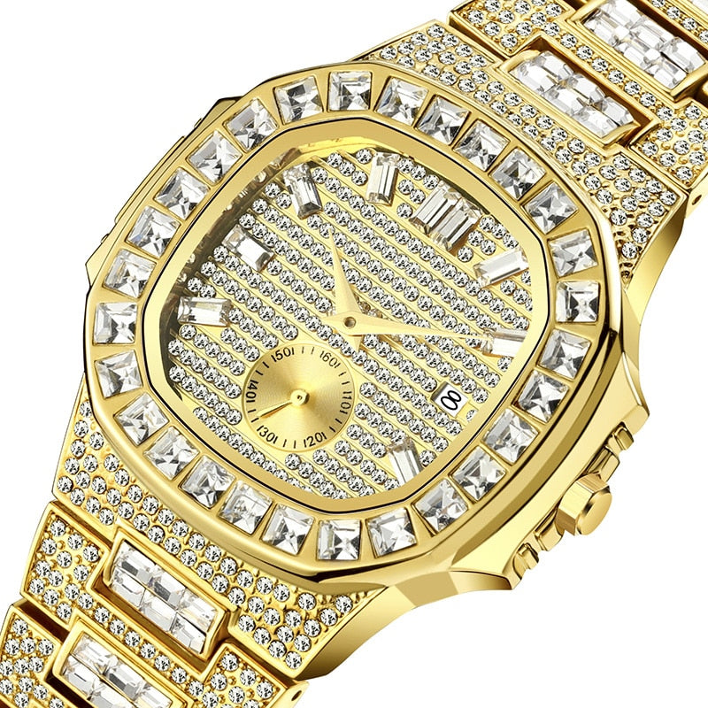 Waterproof Cubic-Zirconia-Studded Stainless Steel Band Fashion Hip-hop Quartz Watch-Watches-Innovato Design-Gold-Innovato Design
