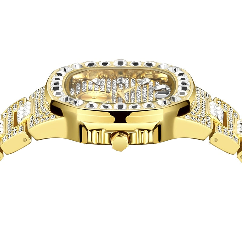 Waterproof Cubic-Zirconia-Studded Stainless Steel Band Fashion Hip-hop Quartz Watch-Watches-Innovato Design-Gold-Innovato Design