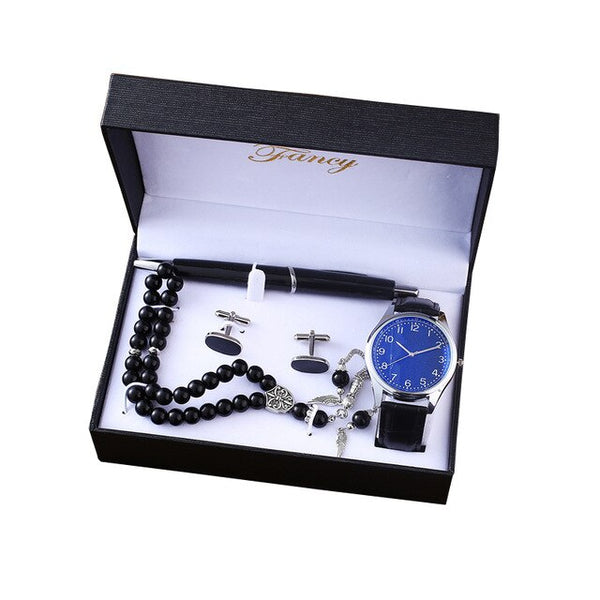 Men Large Dial Quartz Watch, Rosary, Cufflinks, and Ballpoint Pen Gift Set