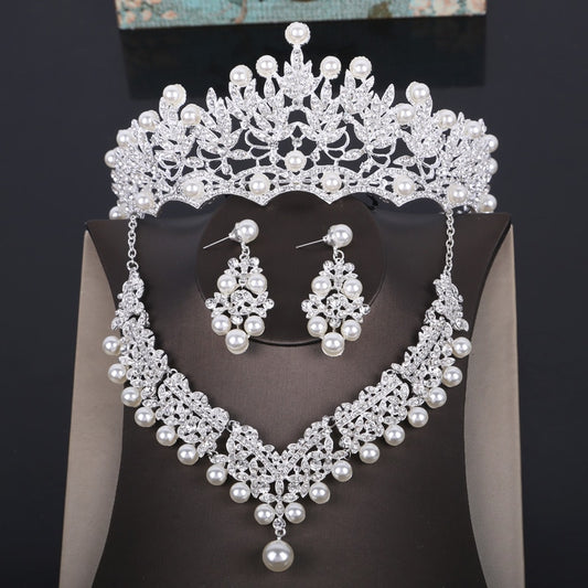 Crystal, Pearl and Rhinestone Tiara, Necklace & Earrings Wedding Prom Pageant Jewelry Set-Jewelry Sets-Innovato Design-Innovato Design