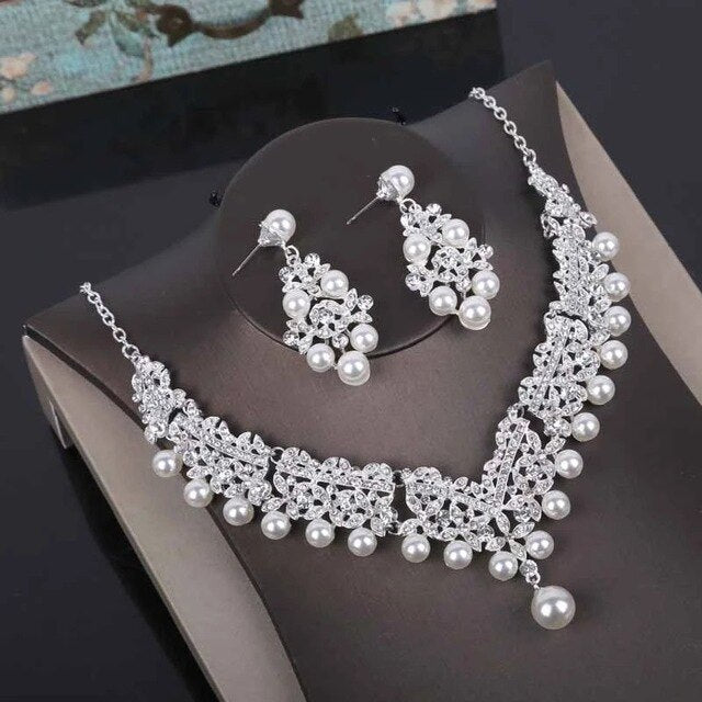 Crystal, Pearl and Rhinestone Tiara, Necklace & Earrings Wedding Prom Pageant Jewelry Set-Jewelry Sets-Innovato Design-Innovato Design