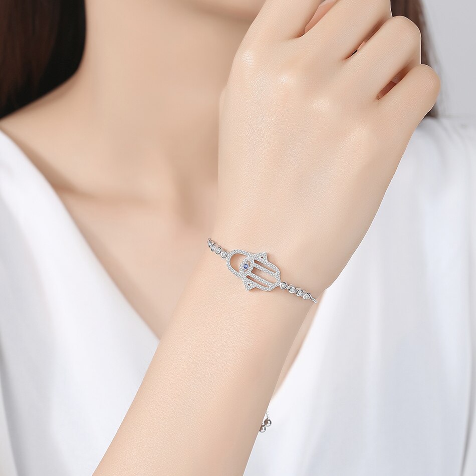 Hamsa Hand Evil Eye 925 Sterling Silver Tennis Bracelet-Bracelets-Innovato Design-Innovato Design